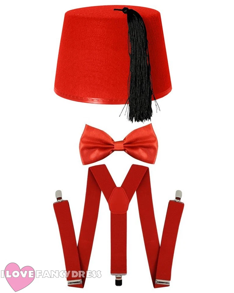 ILOVEFANCYDRESS CAPPELLO FEZ ROSSO PAPILLON E BRETELLE VIAGGIATORE DEL TEMPO VESTITO FANTASIA COSTUME PERSONAGGIO TV