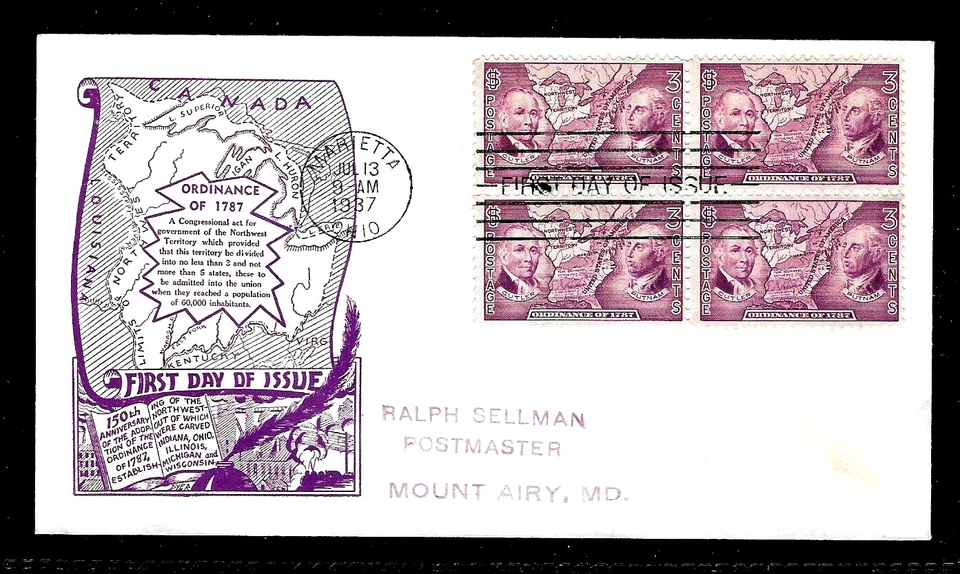 795 3c Stamp (1937) NORTHWEST ORDINANCE 150 FDC By Ralph Dyer - Block !!! - Image 1 of 1