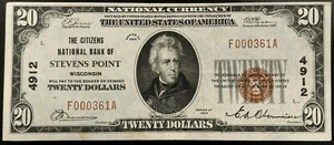 1929 $20 National Currency, The Citizens National Bank of Stevens Point, WI! - Picture 1 of 4