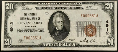 1929 $20 National Currency, The Citizens National Bank of Stevens Point, WI! - Image 1 of 4