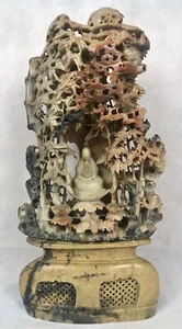 Large 19th/20th C. Chinese Qing Soapstone Buddha Carving w/ Bamboo & Stand, 18” - Picture 1 of 12