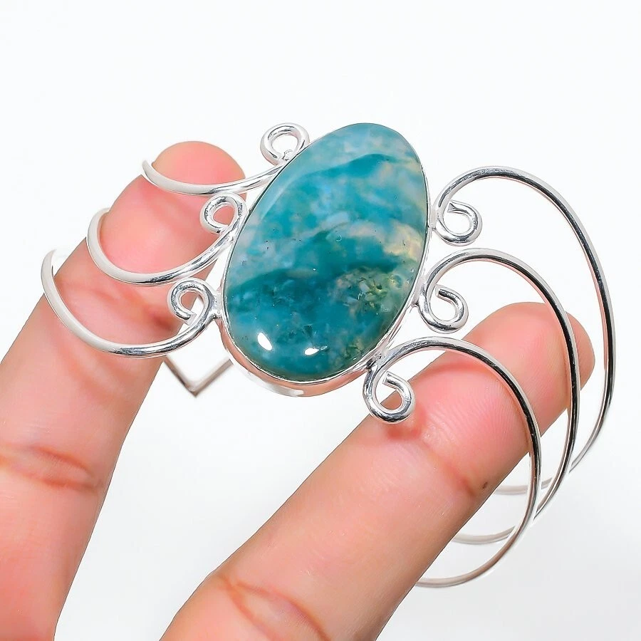 Brazalete Brazalete Joyería Plata de Ley 925 Hecho a Mano Piedras Preciosas Ágata Musgo Natural Foto 1 de 1