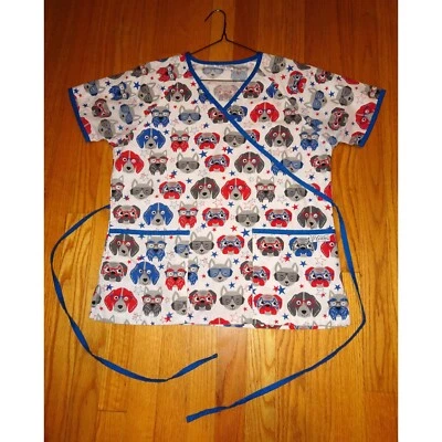 UA Scrubs Fourth of July Dogs Scrub Top S red white blue cotton vet tech - Image 1 of 4