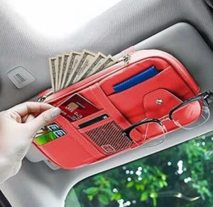 Car Sun Visor Organizer Red Multi Pocket Sunglass Holder Card Cash Storage Red - Picture 1 of 5