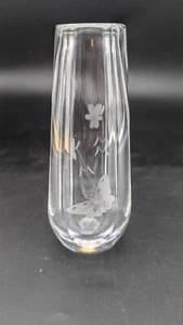 ORREFORS Clear Crystal Bud Vase Etched Butterfly Clover 5" Signed 4-Flat Sides - Picture 1 of 7