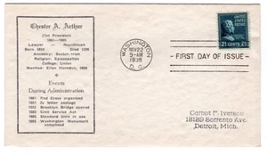 #826 Serie Presidenziale 21c Chester A. Arthur 1938 FDC - #90 Ludwig - Foto 1 di 2