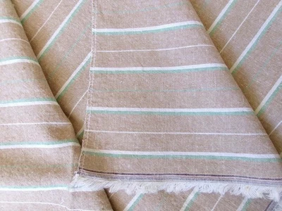2+ yd Striped Fabric Linen Cotton Chambray Brown Tan Mint Green Vintage Woven - Image 1 of 4