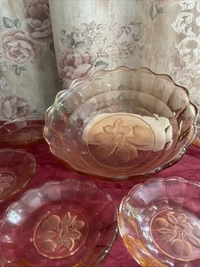 7-tlg. Dessert-Schalen-Set, Rosa Glas mit Obstmotiv 50er Jahre - Bild 1 von 5