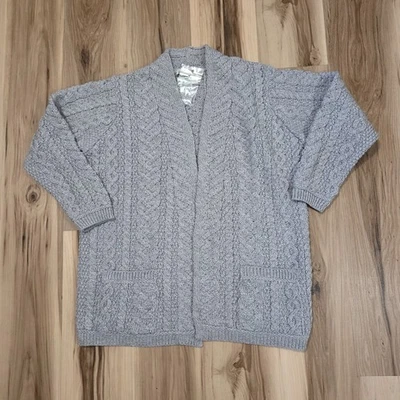 Arancrafts 美利奴羊毛渔夫 Aran 电缆开衫毛衣 大号 小号 灰色 — 第 1/4 张图片