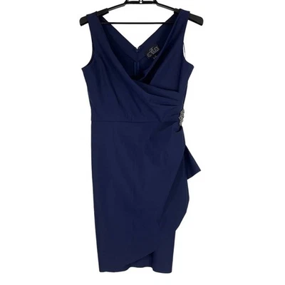 Alex Evenings size 14 dress navy blue short ruched sheath faux wrap - Image 1 of 4