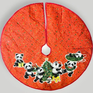 Vtg 34" Quilted Christmas Tree Skirt Playful Panda Bear Family Red Kitsch Home - Picture 1 of 8