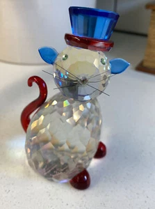 SIMON DESIGNS CRYSTAL GLASS MALE PARTY CAT IN A BLUE HAT - Picture 1 of 12