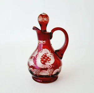 Vintage Egermann Bohemian Ruby Red Glass Cruet & Stopper Bird & Swirls Czech - Picture 1 of 12