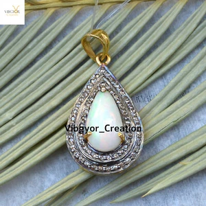 Natural Diamond Opal Gemstone Drop Pendant 925 Sterling Silver Gold Plated Charm - Picture 1 of 4