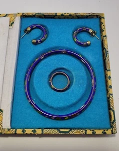 Vintage Chinese Cloisonne Jewelry Blue Bangle Earrings Ring In Box *FAIR Shape* - Picture 1 of 9