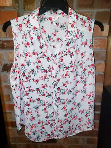 ELLE-XL-Light Blue & White Striped Orange Floral Sleeveless Button-Up Top - Picture 1 of 12