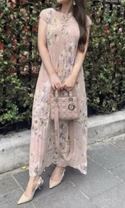 Neu mit Etikett H&M Blogger Chiffonkleid rosa Blumen 10 Kurzarm Plissee Maxikleid A3 - Bild 1 von 9