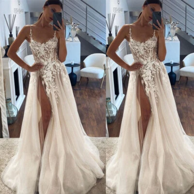Sexy Wedding Dresses High Slit Lace Spaghetti A Line Beach Boho Bridal Gowns - Image 1 of 4