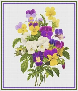 Flower Pansy Bouquet Illustration by Redoute Counted Cross Stitch Pattern - Picture 1 of 9