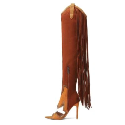 Nuevas Mujeres Gladiador Caída Punta Punta Tacones Altos Borlas Sexy Botas Sobre la Rodilla Foto 1 de 4