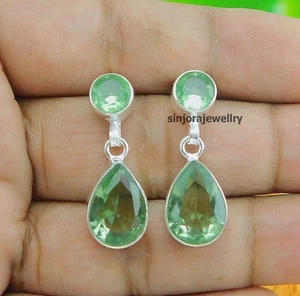 Green Amethyst Gemstone 925 sterling silver handmade stud Earrings 1" inch - Picture 1 of 4