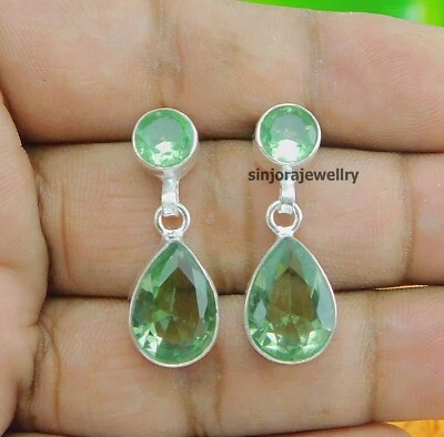 Brincos feitos à mão de prata esterlina 925 com pedra preciosa de ametista verde 1 polegada - Imagem 1 de 4