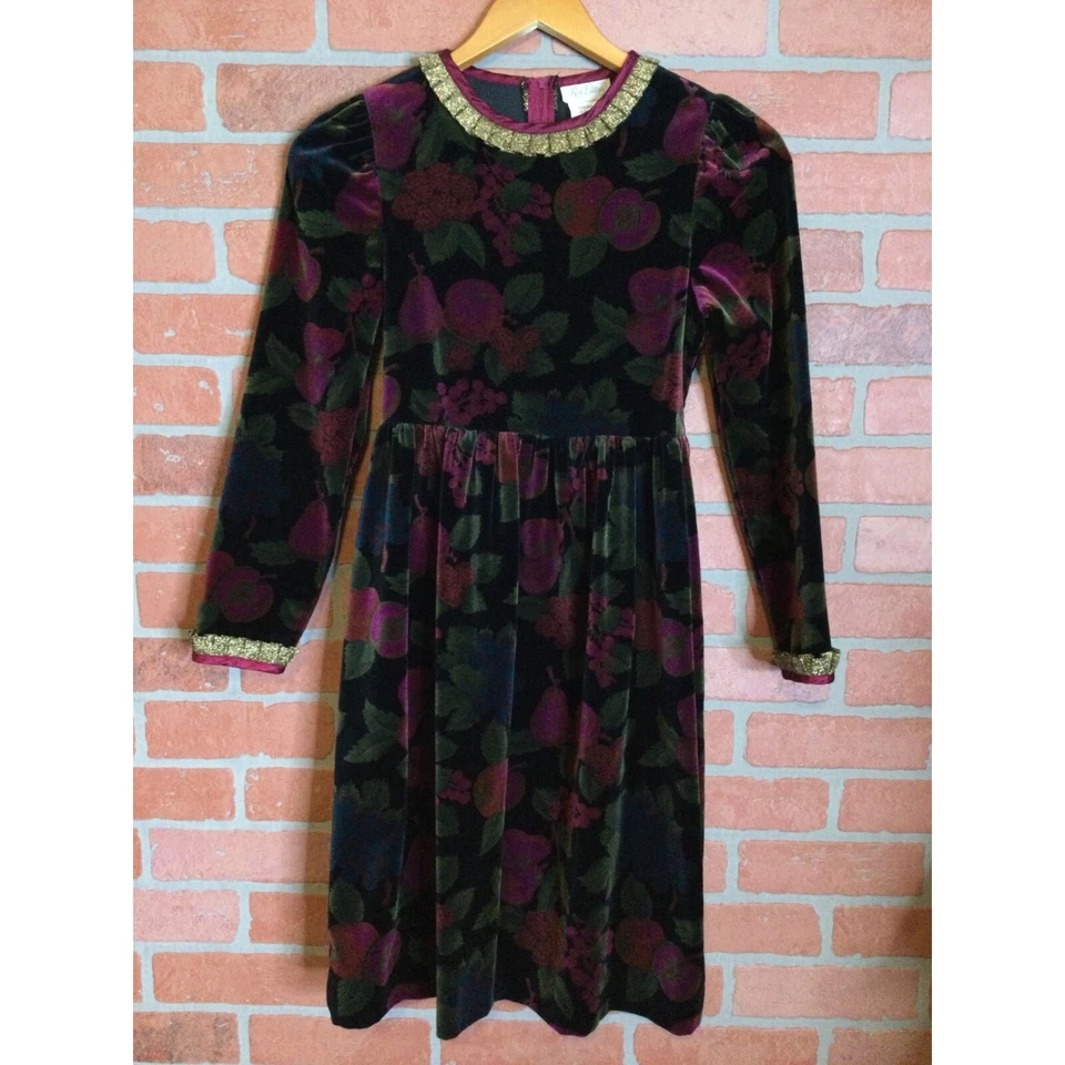 Vestido de Vacaciones para Niñas Ediciones Raras Talla 12 Terciopelo Metálico Encaje Ribete Largo Evento Foto 1 de 4