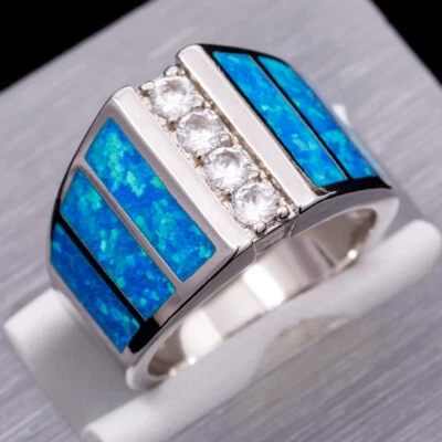 4x Anillo Banda Ancha Joyería Plata Ópalo de Fuego Azul Moissanita Simulado Talla 7 8 9 10 - Imagen 1 de 4