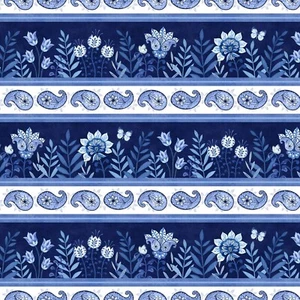 Wilmington Prints - Blooming Blue - Repeating Border Stripe - Multi - Picture 1 of 8