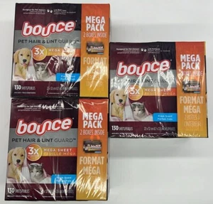 3PK Bounce Pet Hair & Lint Guard Mega Dryer Sheets ~ 390 SHEETS TOTAL ~ NEW - Picture 1 of 4