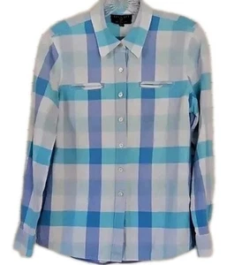 Foxcroft Blouse Shaped Fit Blue Plaid Linen Blend Shirt Roll Tab Sleeves 10P - Picture 1 of 18