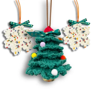 3pcs Handmade Crochet Christmas Tree and Snowflake Hand-Knitted Ornaments 4 Car - Picture 1 of 12