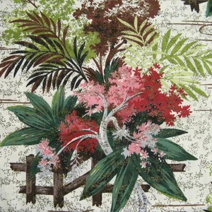 Vintage Barkcloth Fabric 1940s Floral Bouquet Pink Green Brown Gold 46" X 19" - Picture 1 of 8