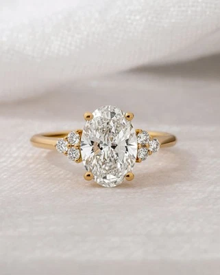 Oval Cut Solitaire Engagement Ring with Accent Side Stones – Yellow Gold Plated - Image 1 of 4
