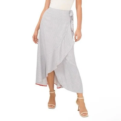 Vince Camuto New Striped Side Ruffle Pull On Midi Skirt Gray White XL Faux Wrap - Image 1 of 4