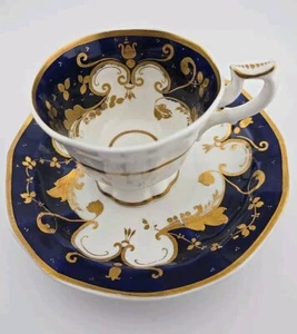 Antik um 1840 Samuel Alcock 252 Kaffeetasse & Untertasse Blau Gold Rokoko Stil 31/4" x 23/4" - Bild 1 von 11