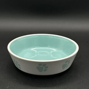 Small Teal And White Dog Bowl With Paw Prints 5 X 1.5 Inches Ceramic - Picture 1 of 14