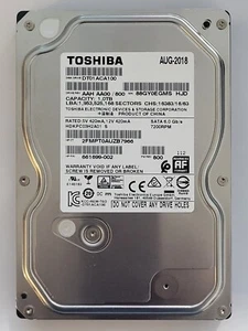 DT01ACA100, HDKPC03H2A01 S, FW: AA00/800, AUG 2018, Toshiba 1Tb 3.5" SATA HDD - Picture 1 of 2