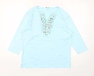 Image Womens Blue Cotton Blend T-Shirt Size L - Embroidered Neckline - Picture 1 of 12