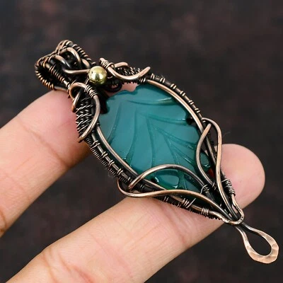 Carved Leaf Green Onyx Jewelry Copper Gift For Mum Wire Wrapped Pendant 3.11" - Image 1 of 4