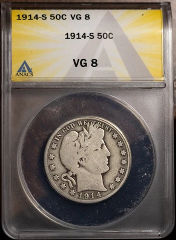 1914-S 50c Silver Barber Half-dollar VG-8 New ANACS # 7490255 + Bonus Cover