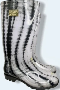 Botas de lluvia Nicole Miller New York para mujer a rayas 10 blancas negras de plástico alto - Imagen 1 de 12