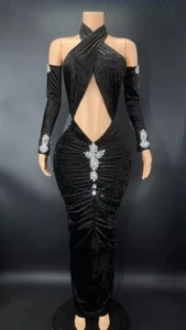 Black Halter Fitted Party Dress, Birthday Dress, Sexy Black Dress, Midi Party Dr - Picture 1 of 6