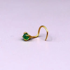 22K YELLOW GOLD HANDMADE SINGLE STONE GREEN ONYX FABULOUS NOSE PIN L BAND GNP12 - Picture 1 of 9
