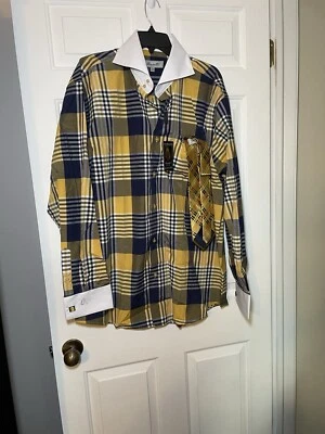 Conjunto Quadrado Camisa Social Fratelli, Gravata, Bolso NOVO Xadrez Amarelo e Azul 17.5/36-37 - Imagem 1 de 4