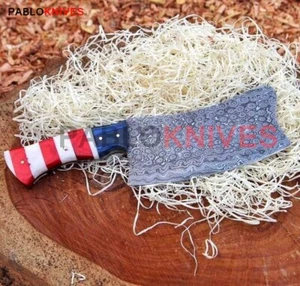 15" Hand Forged Damascus Steel Hunting Full Tang Cleaver Knife Color Handle - Picture 1 of 3