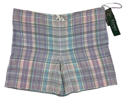 NWT Ralph Lauren Shorts Womens PM Purple Plaid 100% Linen Pockets Chino - Image 1 of 4