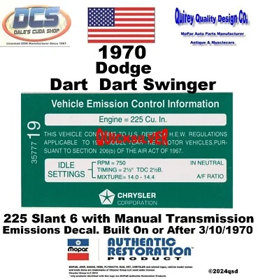 Dodge Dart 225 1970 inclinado 6 transmisión manual calcomanía de emisiones 3577719 MoPar Foto 1 de 2