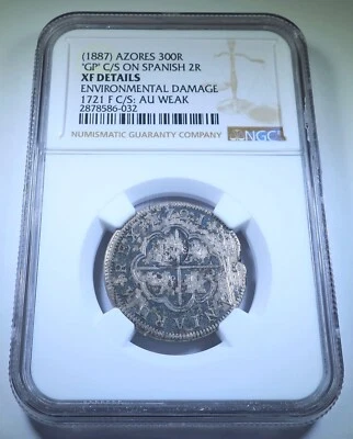 NGC XF Azores 300 Reis Contramarca 1721 Plata Española 2 Reales Moneda Antigua Foto 1 de 2