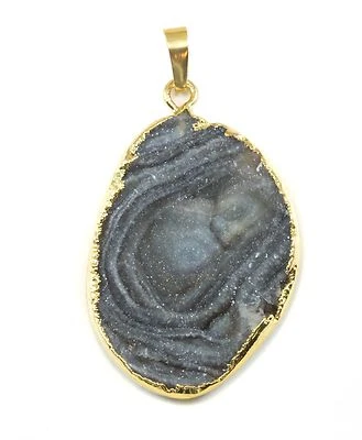 Colgante Druzy Plato Oro 14k Grande Cristal Drusy Seta Gris Ovalado Natural Foto 1 de 2
